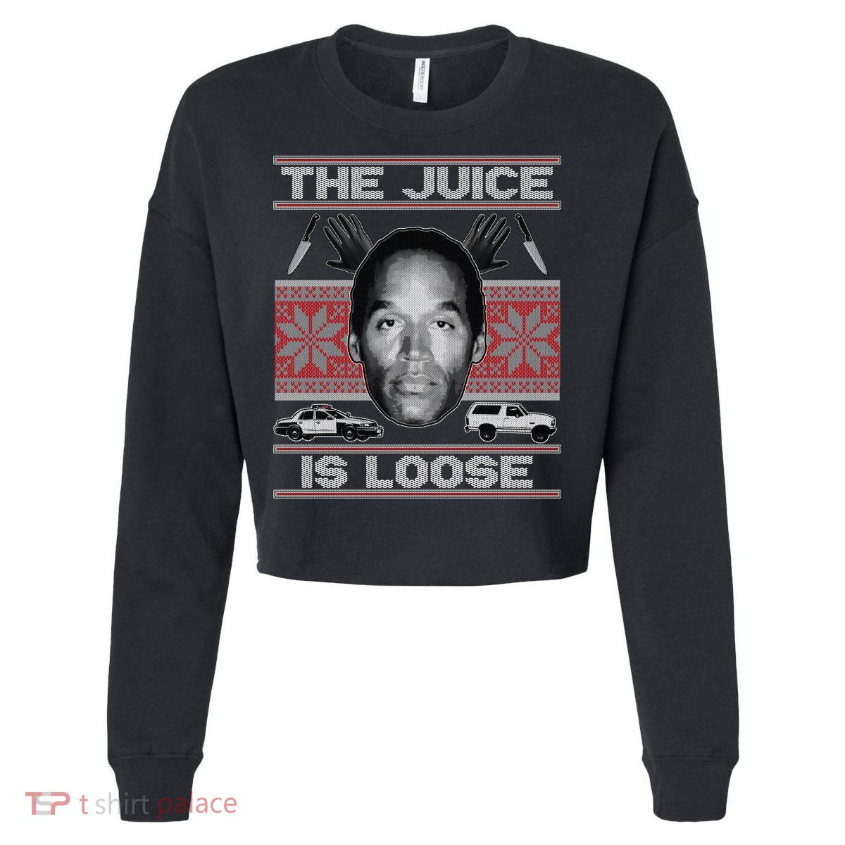 The Juice Is Loose OJ Ugly Christmas Sweater Cropped Pullover Crew