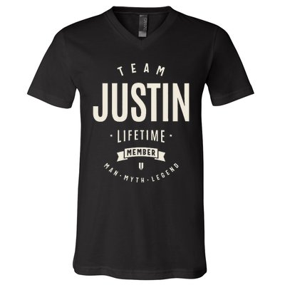 Team Justin Lifetime Member Justin Name V-Neck T-Shirt