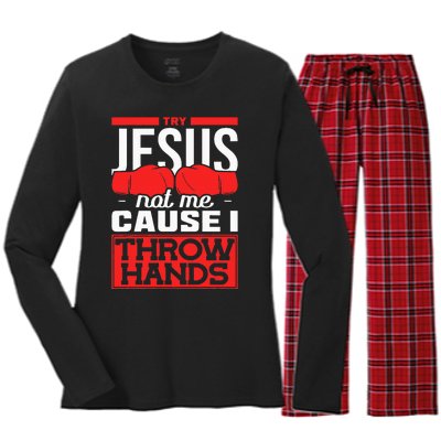 Try Jesus Not Me Cause I Throw Hands Boxing Women's Long Sleeve Flannel Pajama Set 