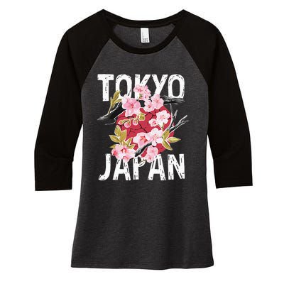 Tokyo Japan Sakura Cherry Blossom On Japan Red Sun Women's Tri-Blend 3/4-Sleeve Raglan Shirt