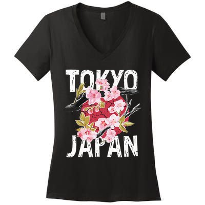 Tokyo Japan Sakura Cherry Blossom On Japan Red Sun Women's V-Neck T-Shirt