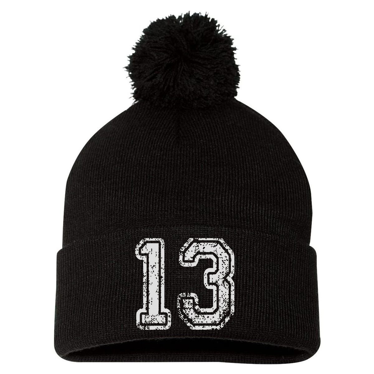 Team Jersey Uniforms Number 13 Thirteen School Sports Pom Pom 12in Knit Beanie