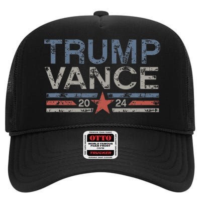 Trump Jd Vance 2024 Retro Stripe And Star High Crown Mesh Back Trucker Hat