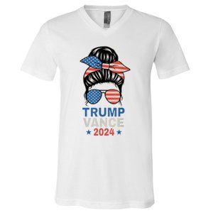 Trump Jd Vance Messy Bun Us Flag And Star Trump Vance 2024 V-Neck T-Shirt