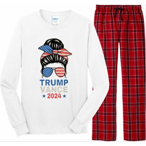 Trump Jd Vance Messy Bun Us Flag And Star Trump Vance 2024 Long Sleeve Pajama Set