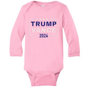 Trump Jd Vance 2024 Retro Stripe And Star Trump Vance 2024 Baby Long Sleeve Bodysuit