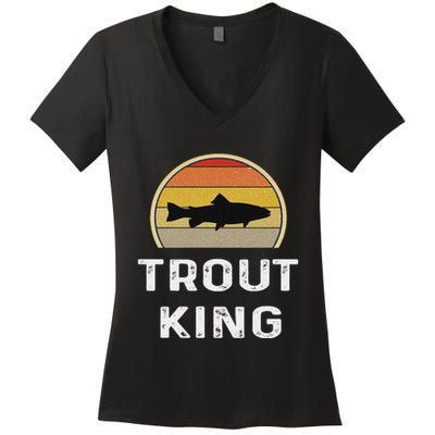 Trout King Fishing Funny Fisherman Gifts Retro Vintage Women's V-Neck T-Shirt