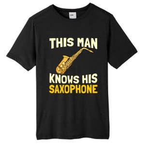 This Knows His Saxophone Gift Jazz Musician Sax Saxophonist Gift Tall Fusion ChromaSoft Performance T-Shirt