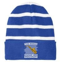 This Knows Her Saxophone Gift Sax Jazz Saxophonist Meaningful Gift Striped Beanie with Solid Band