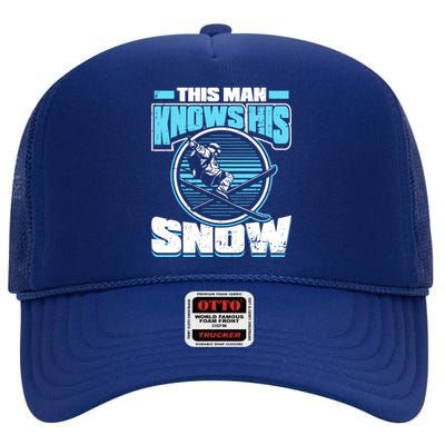 This Knows His Snow Gift Skier Ski Mountains Skiing Gift High Crown Mesh Back Trucker Hat