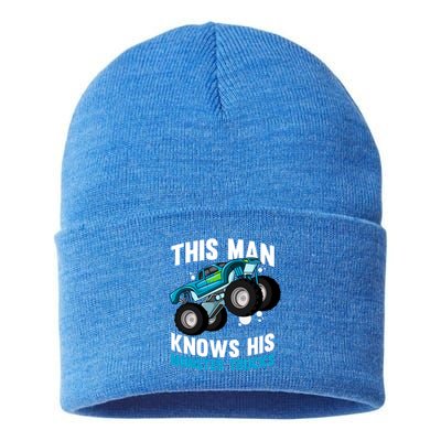 This Knows His Trucks Gift Motorsport Show Monster Trucks Gift Sustainable Knit Beanie