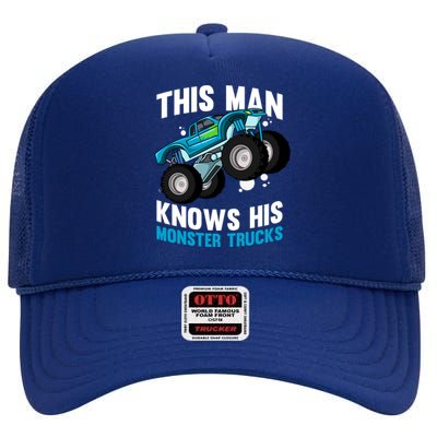 This Knows His Trucks Gift Motorsport Show Monster Trucks Gift High Crown Mesh Back Trucker Hat