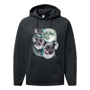 Three Koala Moon Cute Quirky Meme Howling Wildlife Koala Performance Fleece Hoodie