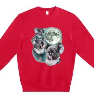 Three Koala Moon Cute Quirky Meme Howling Wildlife Koala Premium Crewneck Sweatshirt