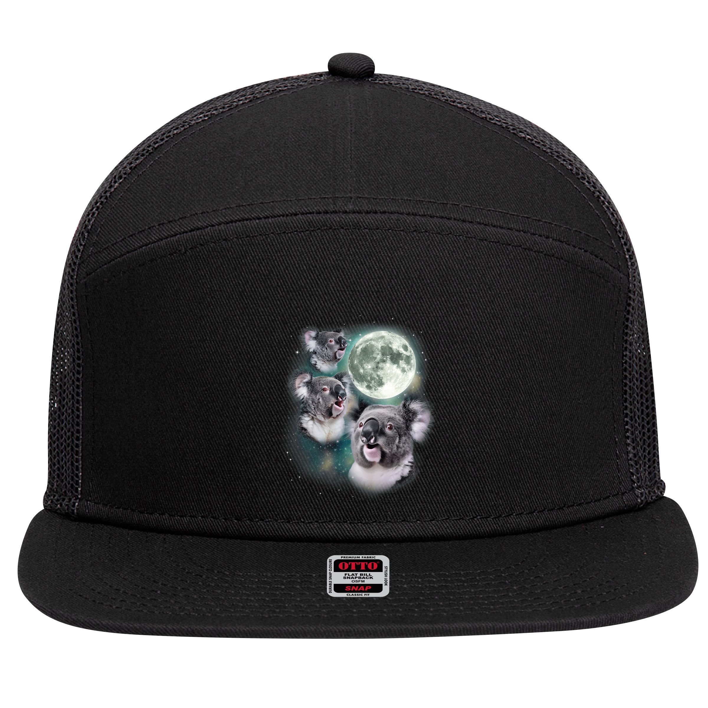 Three Koala Moon Cute Quirky Meme Howling Wildlife Koala 7 Panel Mesh Trucker Snapback Hat