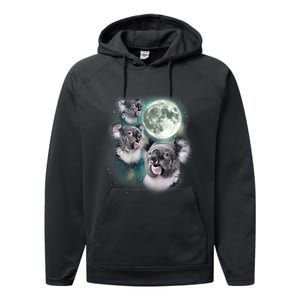 Three Koala Moon Cute Quirky Meme Howling Wildlife Koala Performance Fleece Hoodie