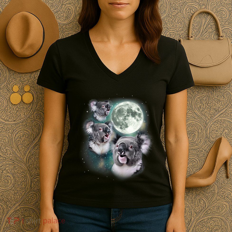 Three Koala Moon Cute Quirky Meme Howling Wildlife Koala Women's V-Neck T-Shirt