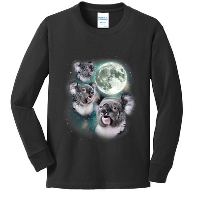 Three Koala Moon Cute Quirky Meme Howling Wildlife Koala Kids Long Sleeve Shirt