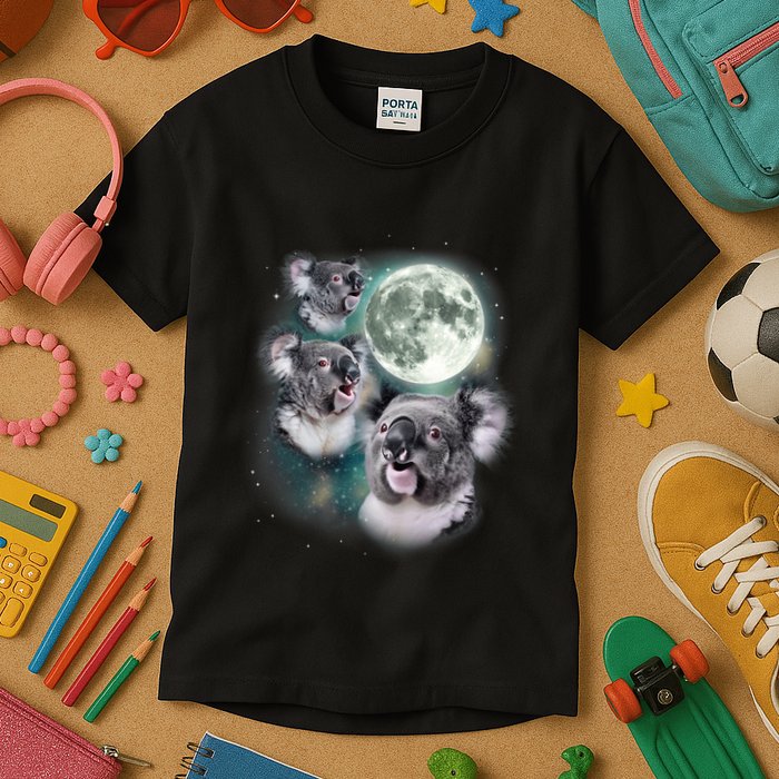 Three Koala Moon Cute Quirky Meme Howling Wildlife Koala Kids T-Shirt