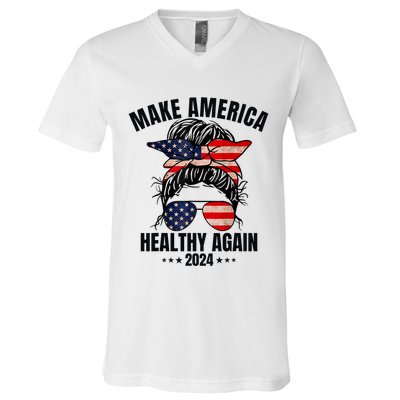 Trump Kennedy Make America Healthy Again Messy Bun Us Flag V-Neck T-Shirt