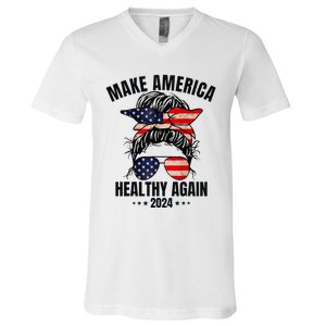 Trump Kennedy Make America Healthy Again Messy Bun Us Flag V-Neck T-Shirt