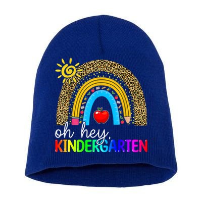 Team Kinder Teacher Rainbow Leopard Oh Hey Kindergarten Gift Short Acrylic Beanie