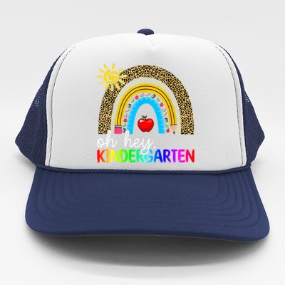 Team Kinder Teacher Rainbow Leopard Oh Hey Kindergarten Gift Trucker Hat