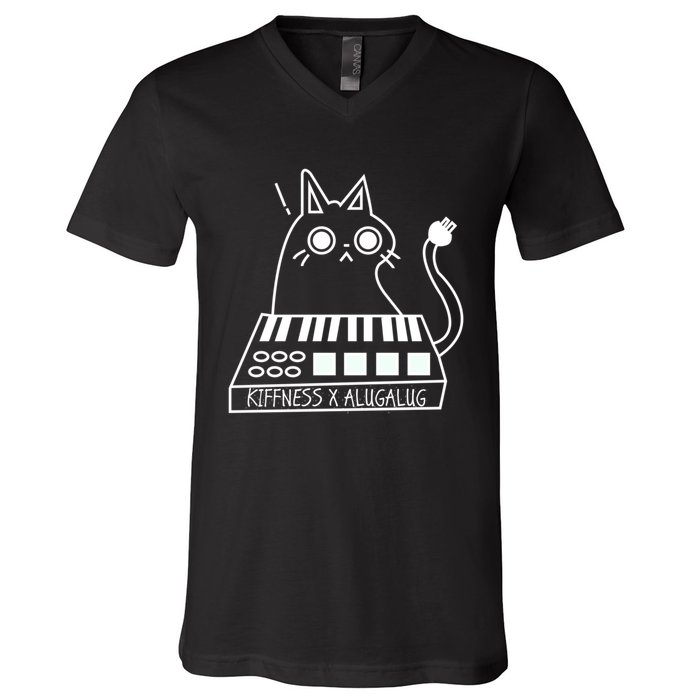 The Kiffness X Alugalug White Cat Classic Alugalug Luga Luga Meme Meow Music V-Neck T-Shirt