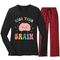 Teacher Kiss Your Brain Student Cute Funny Back To School Women's Long Sleeve Flannel Pajama Set 