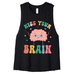 Teacher Kiss Your Brain Student Cute Funny Back To School Women's Racerback Cropped Tank