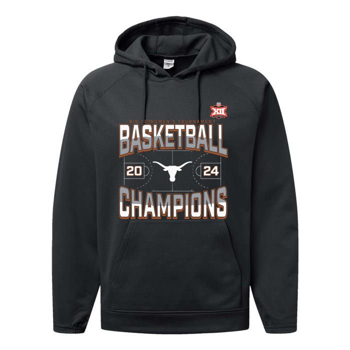 T.E.Xas Longhorns 2024 Big 12 Women’S Basketball Conference Tournament Champions Performance Fleece Hoodie