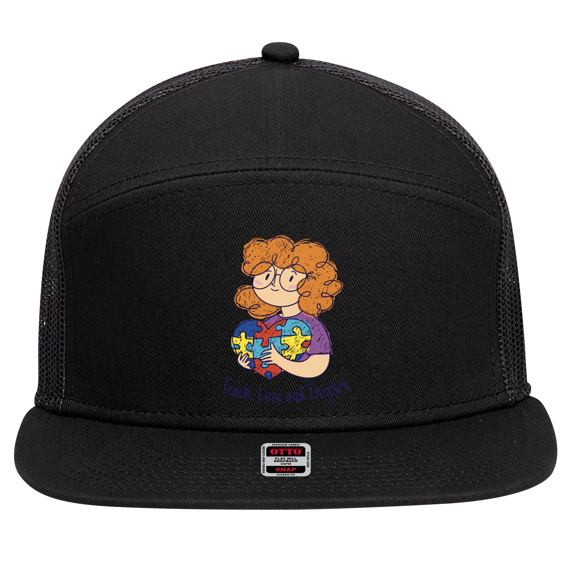 Teach Love And Inspire Teacher Autism 7 Panel Mesh Trucker Snapback Hat