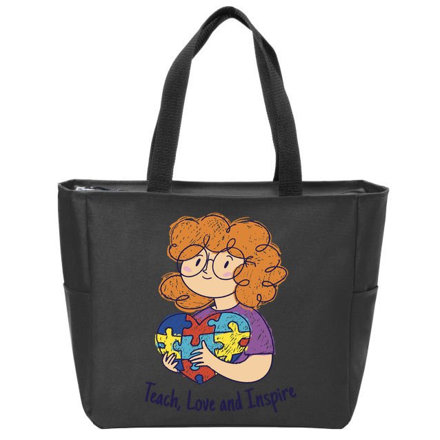 Teach Love And Inspire Teacher Autism Zip Tote Bag