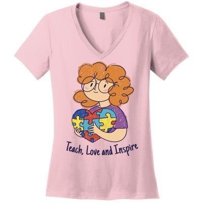 Teach Love And Inspire Teacher Autism Women's V-Neck T-Shirt