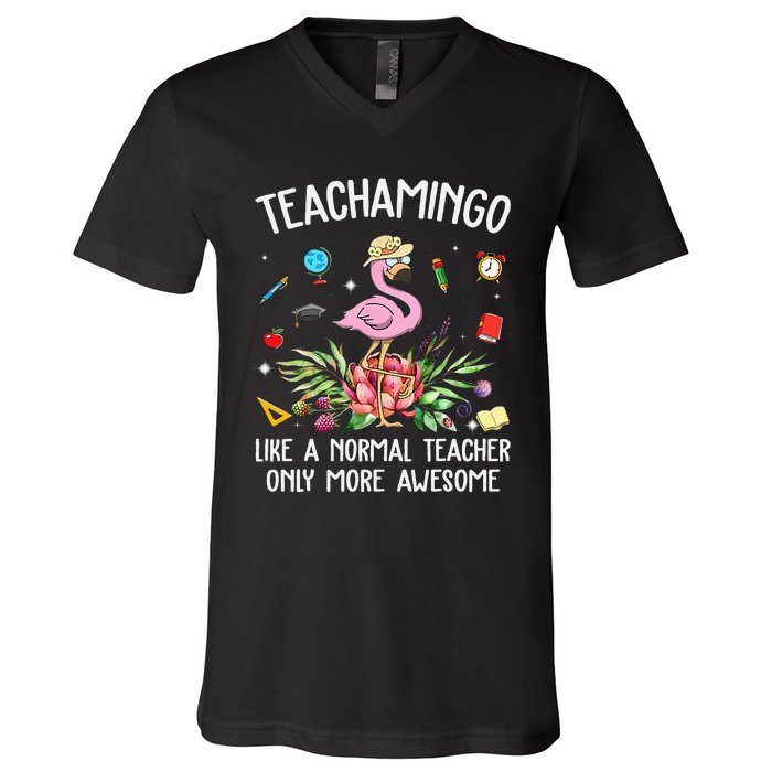 Teachamingo Like a Normal Teacher Flamingo V-Neck T-Shirt