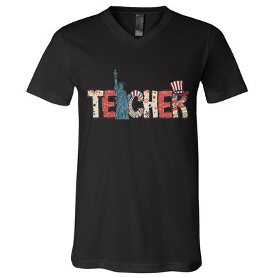 Teacher Life American Flag 4th Of July Usa Teacher Patriotic V-Neck T-Shirt