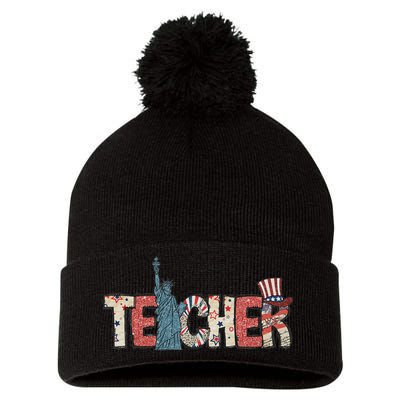 Teacher Life American Flag 4th Of July Usa Teacher Patriotic Pom Pom 12in Knit Beanie