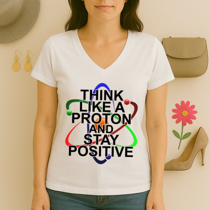 Think Like A Proton And Stay Positive Science Women's V-Neck T-Shirt