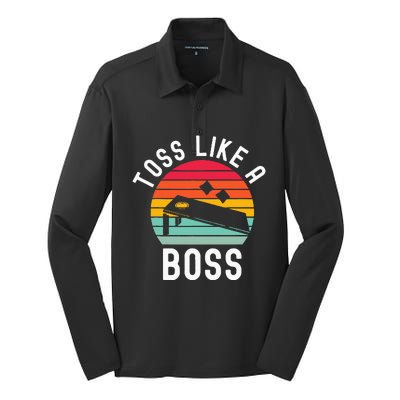 Toss Like A Boss Bean Bag Player Funny Cornhole Silk Touch Performance Long Sleeve Polo