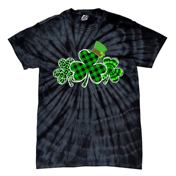 Three Leopard And Plaid Shamrocks St Patricks Day Women Tie-Dye T-Shirt