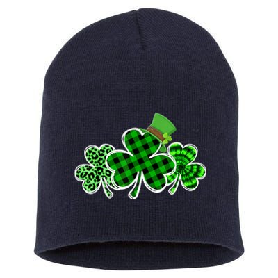 Three Leopard And Plaid Shamrocks St Patricks Day Wo Girl Short Acrylic Beanie