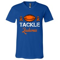 Tackle Leukemia Awareness Month Orange Ribbon Football Gift Great Gift V-Neck T-Shirt