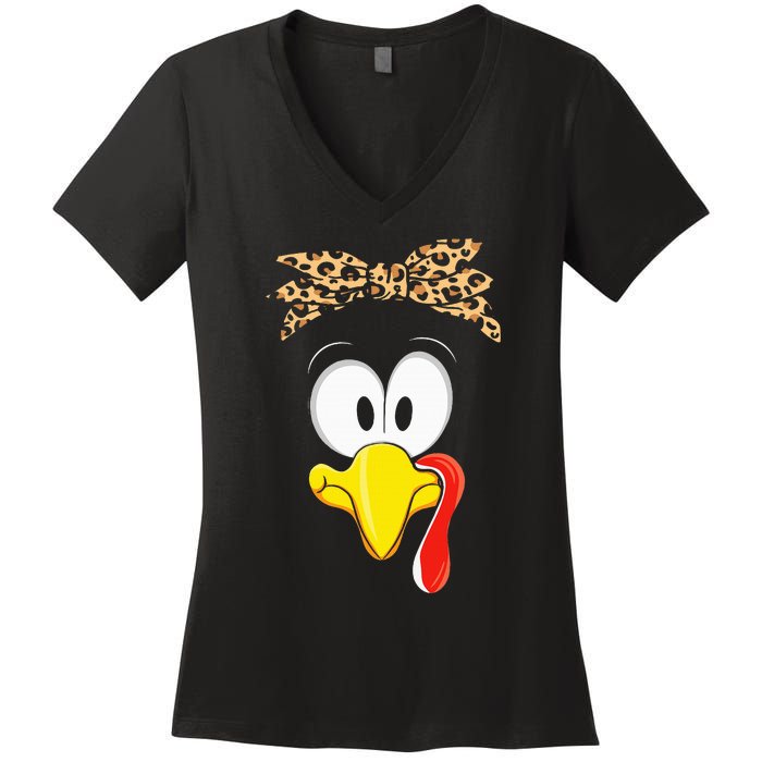 Thanksgiving Leopard Bandana with Turkey Print Women's V-Neck T-Shirt