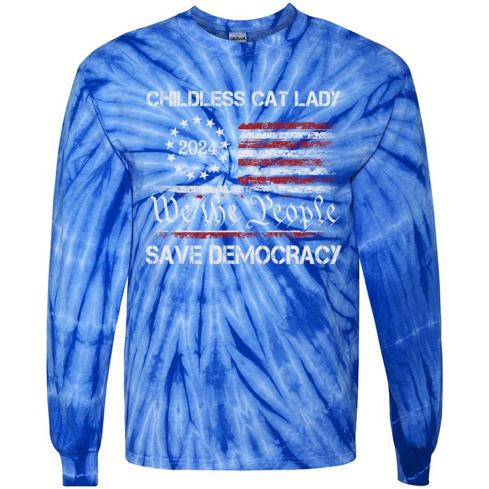 The Less Cat Lady 2024 For President Us Flag Vintage Gift Tie-Dye Long Sleeve Shirt