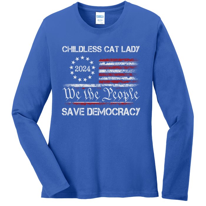 The Less Cat Lady 2024 For President Us Flag Vintage Gift Ladies Long Sleeve Shirt