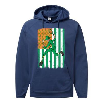 Tennis Leprechaun Cannabis Marijuana Flag St Patrick's Day Funny Gift Performance Fleece Hoodie