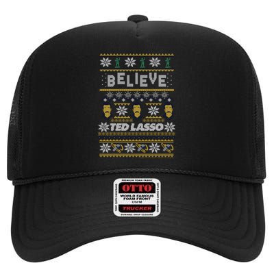 Ted Lasso Christmas Believe Ted Lasso Ugly Sweater High Crown Mesh Back Trucker Hat