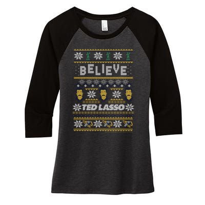 Ted Lasso Christmas Believe Ted Lasso Ugly Sweater Women's Tri-Blend 3/4-Sleeve Raglan Shirt