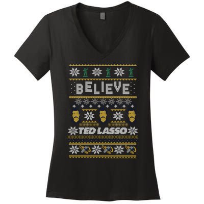 Ted Lasso Christmas Believe Ted Lasso Ugly Sweater Women's V-Neck T-Shirt