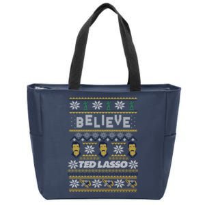 Ted Lasso Christmas Believe Ted Lasso Ugly Sweater Zip Tote Bag